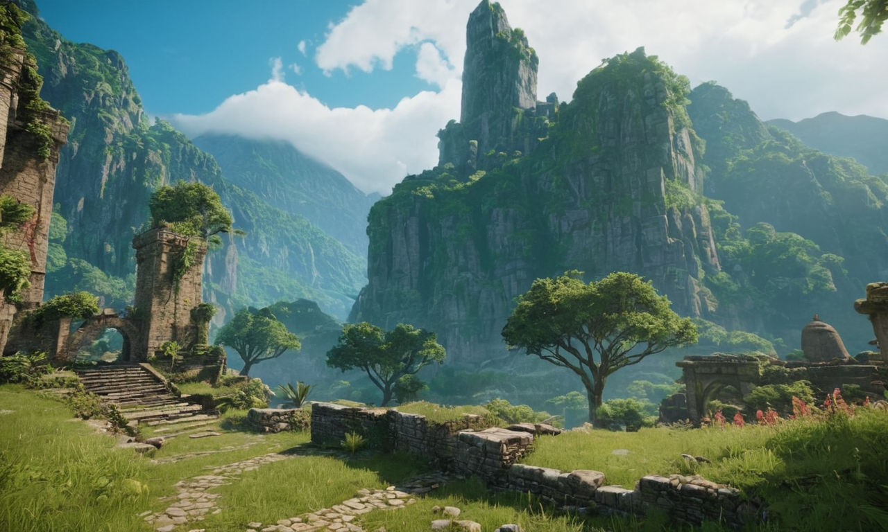 A picturesque fantasy RPG world with lush green landscapes, towering mountains, and mystical ruins, evoking a sense of adventure and exploration. The image showcases a vibrant and detailed environment that immerses players into the rich universe of a fantasy setting.
