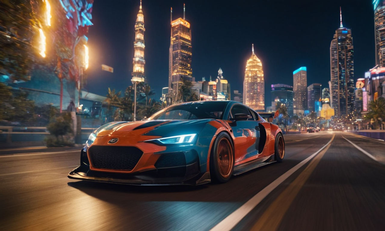 Image prompt: 
- Show a futuristic racing car speeding through a vibrant city at night in Need for Speed Heat.
- Display intricate details of the car design, illuminated by neon lights, and the cityscape with skyscrapers in the background.
- Capture the essence of adrenaline and speed through motion blur effects, showcasing the intensity of the gameplay.
