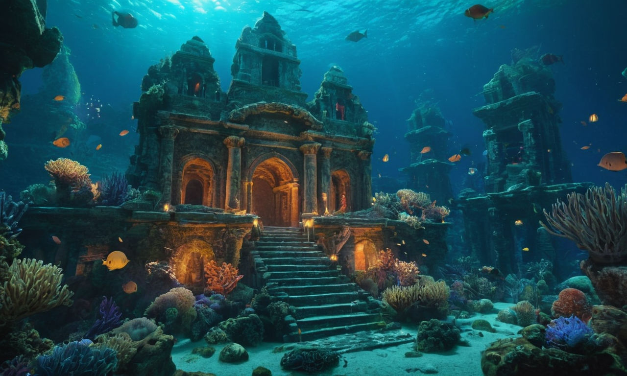 Fantasy-themed underwater city with glowing coral reefs, mysterious ruins, and ancient sea creatures, illuminated by bioluminescent lights - immersive and detailed for a gaming setting.
