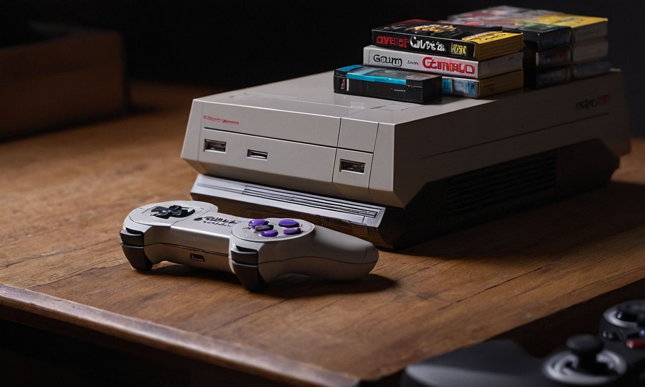A futuristic video game console with a mix of classic game cartridges and modern controllers, representing the debate surrounding game remakes and the blending of gaming history with contemporary gaming trends.
