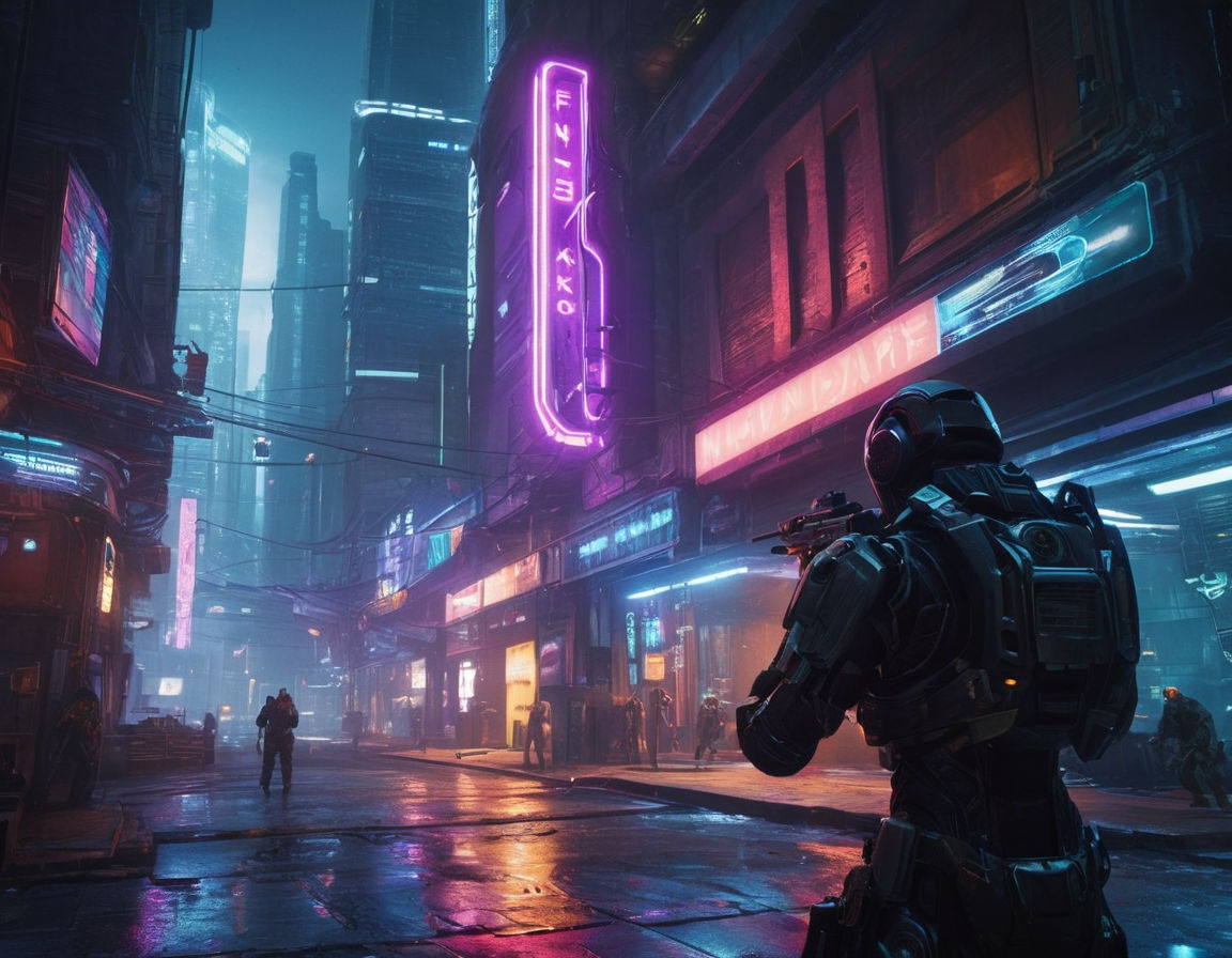 Futuristic first-person shooter (FPS) video game concept art: high-tech weapons, advanced armor, cybernetic enhancements, neon-lit urban landscape, dynamic lighting effects.
