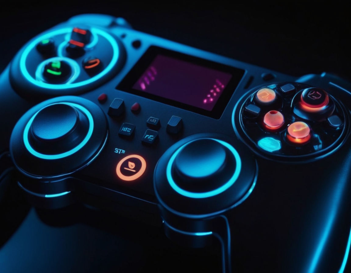 Vibrant and dynamic video game controller with colorful buttons and directional pad, futuristic technology concept art futuristic design cool glow aesthetic realistic
