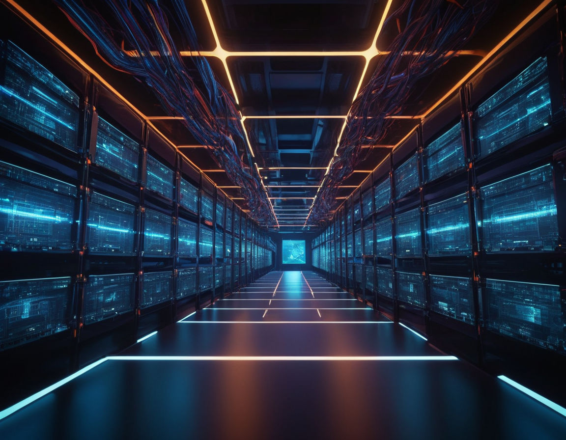 Innovative technology concept: Network of interconnected digital nodes, glowing connections, data streams, futuristic multiplayer gaming server room with rows of servers, high-tech digital world design.
