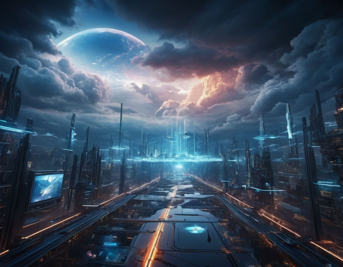 Futuristic cloud gaming concept art with sleek, advanced interfaces, virtual servers streaming data, interconnected network nodes, and digital landscapes merging with real environments.
