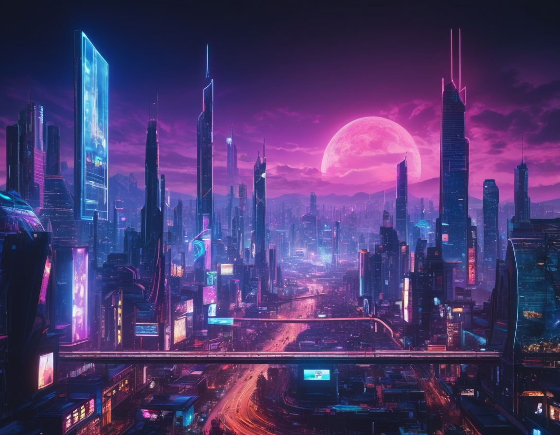 Futuristic city skyline with neon lights and digital billboards, showcasing a blend of gaming themes and popular culture elements like music, fashion, and movies.
