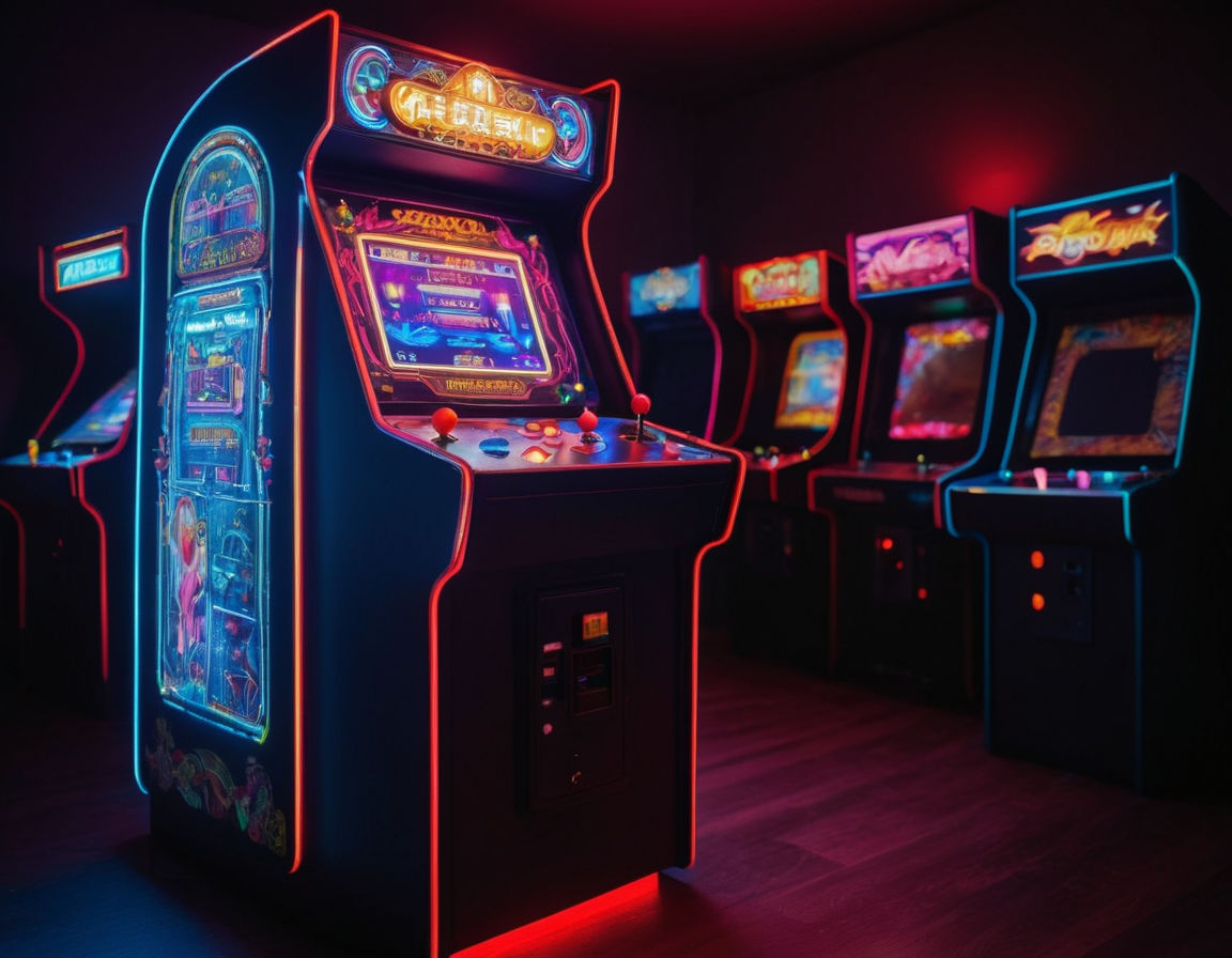 A retro arcade machine glowing in a dark room, surrounded by nostalgic neon lights, joysticks, and colorful buttons, representing the evolution of video games and their impact on popular culture.
