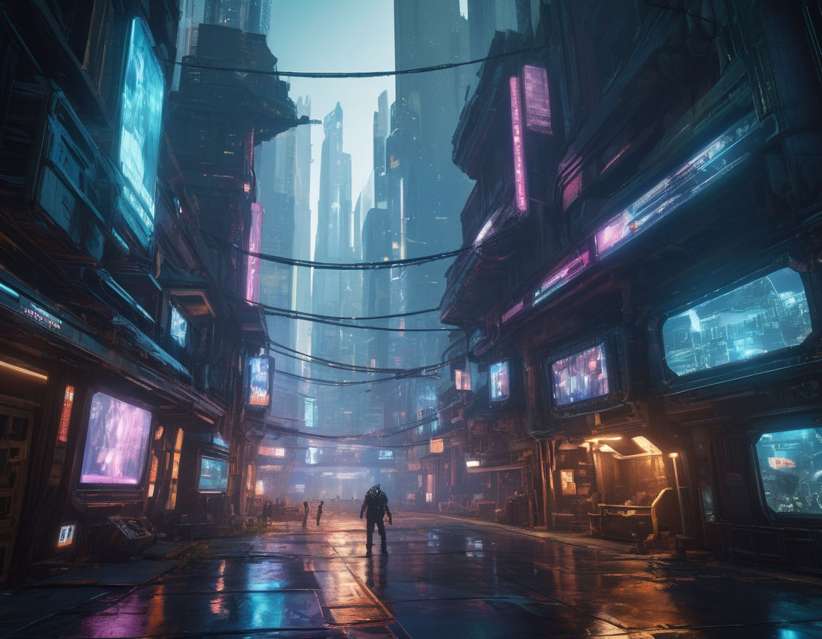 Futuristic video game concept art:  
- High-tech virtual reality environment with AI-controlled NPCs
- Cyberpunk-inspired cityscape with dynamic lighting and interactive elements
- Advanced AI behavior patterns for enemies and non-playable characters
- Procedurally generated game world showcasing the impact of AI technology on game development
