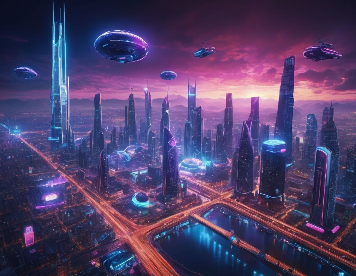 Futuristic virtual reality cityscape with neon lights, holograms, and flying vehicles to represent advanced AI technology in gaming.
