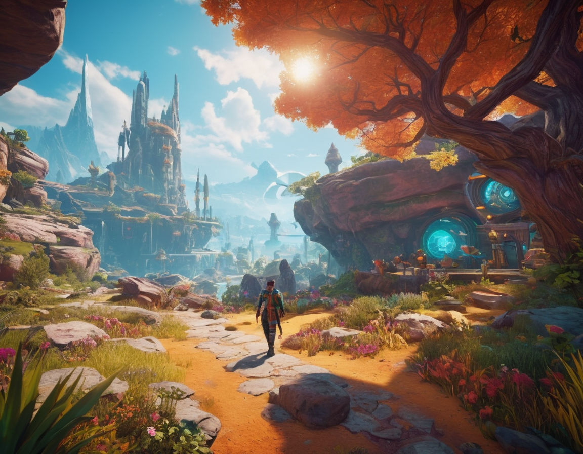 A colorful and vibrant virtual game world with futuristic and fantasy elements, showcasing creativity and innovation in game design. The image should illustrate a blend of imaginative landscapes, characters, and gameplay mechanics, reflecting the diverse and boundary-pushing nature of indie game developers in the gaming industry.
