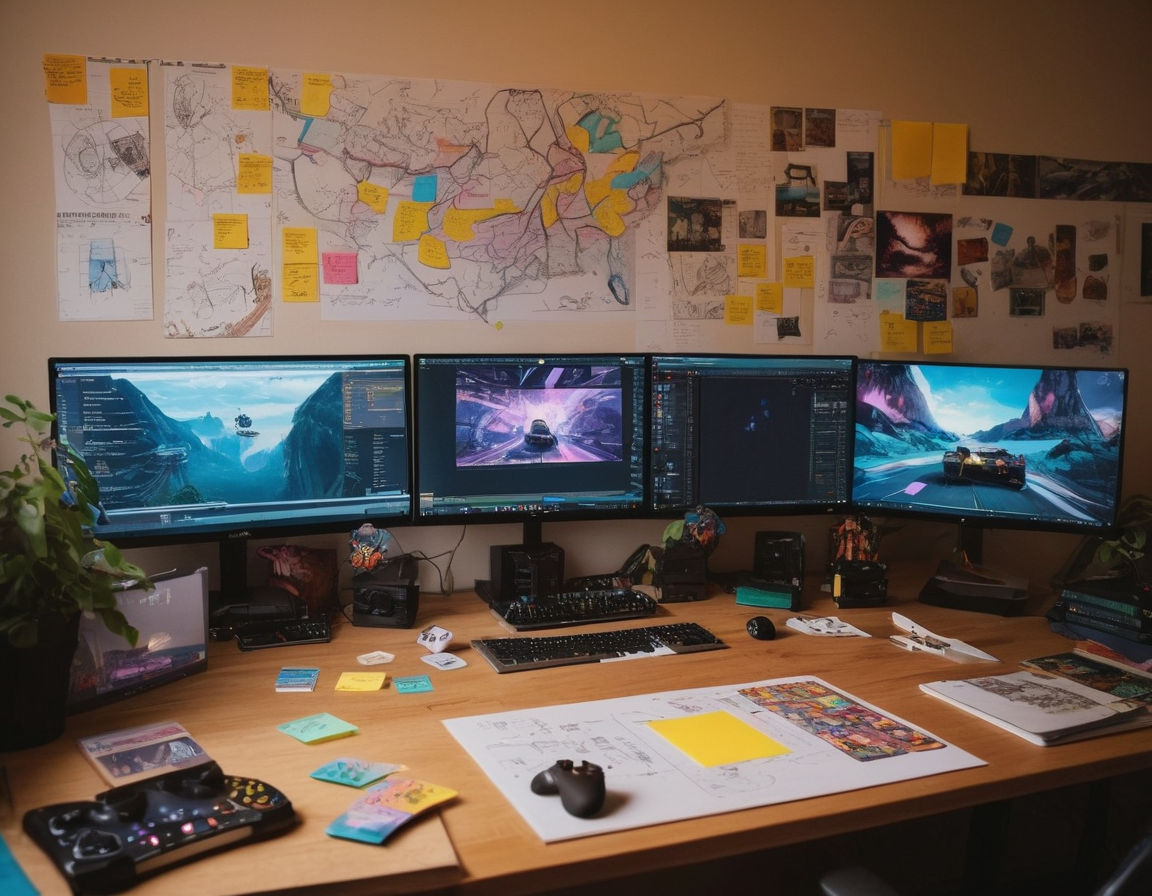 Indie game development studio workspace: cluttered desk with game design sketches, computer with game code on screen, game controllers, colorful sticky notes, and indie game posters on the wall for inspiration.
