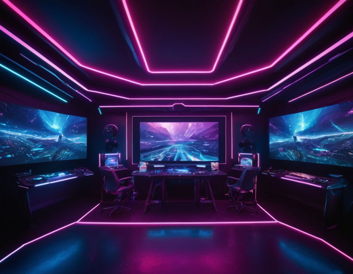 Futuristic virtual reality gaming environment with glowing neon lights, holographic displays, intricate sound equipment, immersive audio technology, and high-tech gaming consoles.
