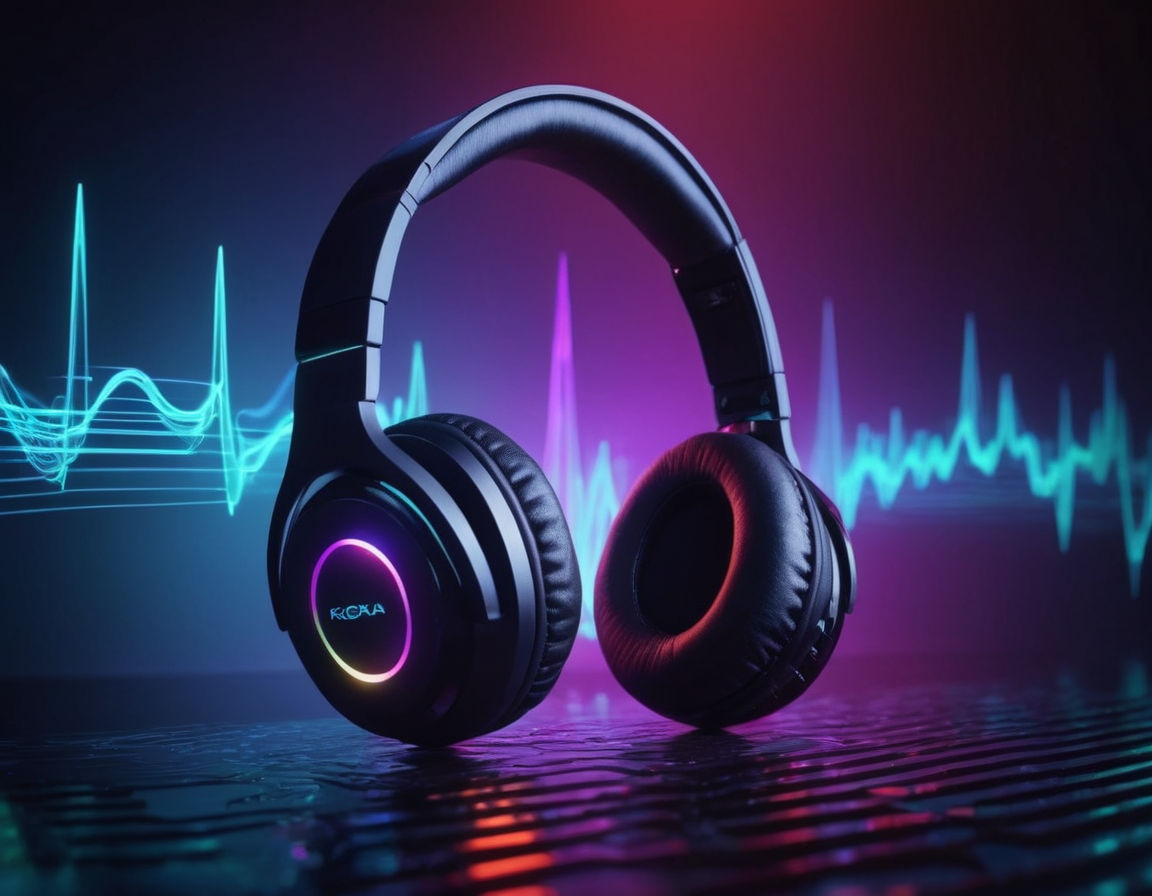 Vibrant digital sound waves, musical notes, headphones, gaming controller, futuristic audio technology concept, immersive audio experience, creative game soundtracks, player feedback through audio effects
