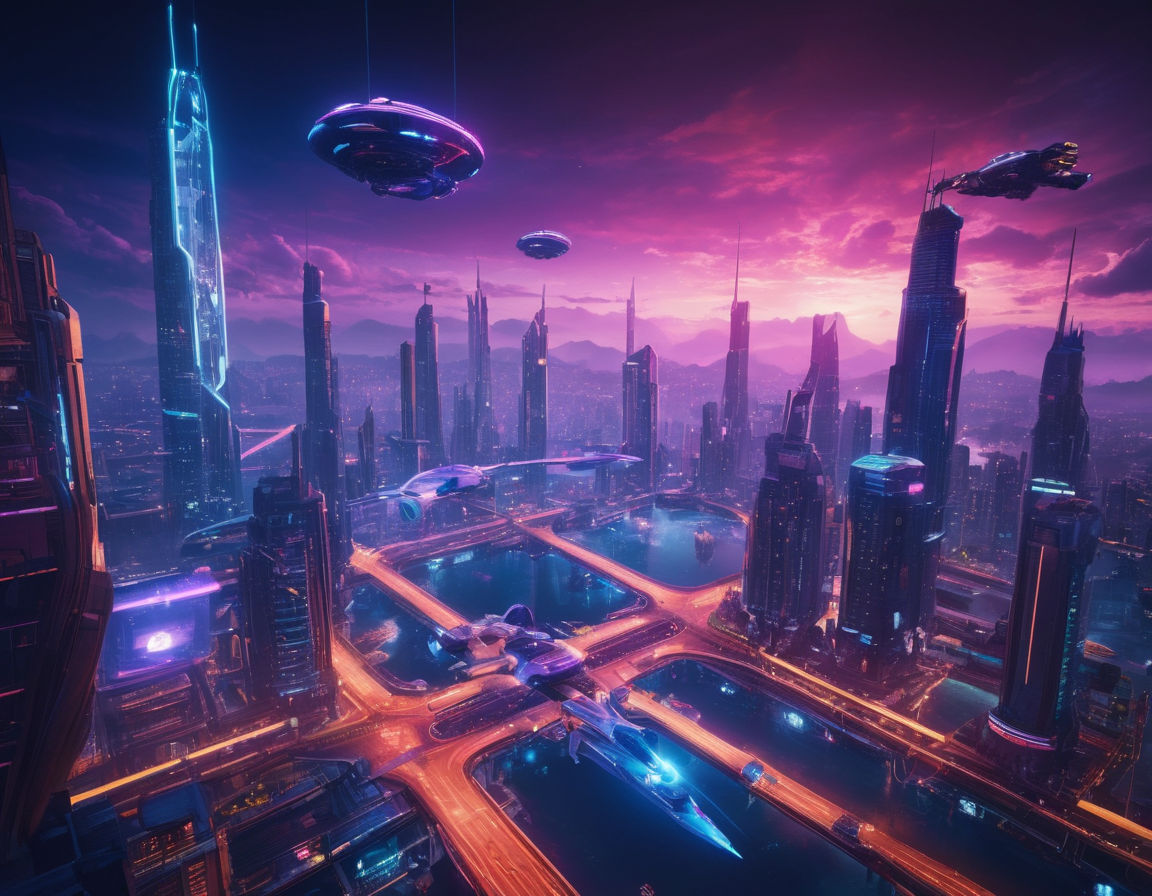 Vibrant image of a futuristic video game world with neon lights, towering skyscrapers, and flying vehicles, showcasing immersive audio technology and sound design in gaming. The scene captures the essence of player engagement through visually stunning environments and advanced sound effects.
