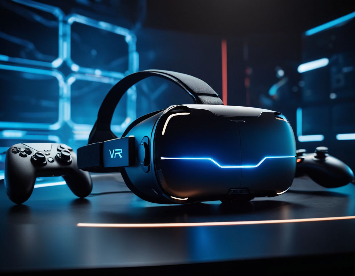 Virtual reality gaming headset with controllers on futuristic technology background, virtual reality concept, VR glasses and gamepad devices futuristic sci-fi design.
