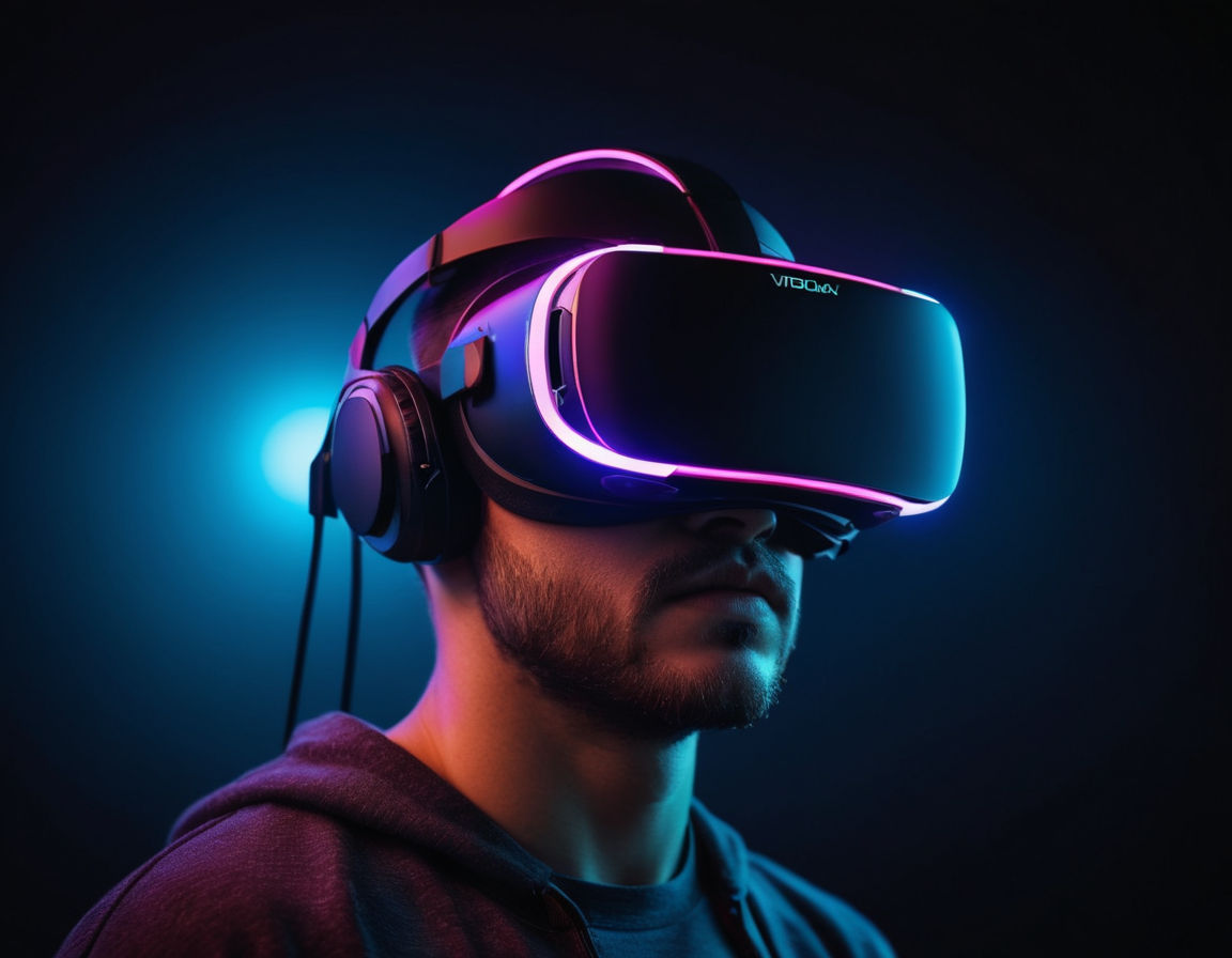 A futuristic virtual reality headset with advanced features, glowing with neon lights against a dark background to illustrate technological innovation in VR gaming.
