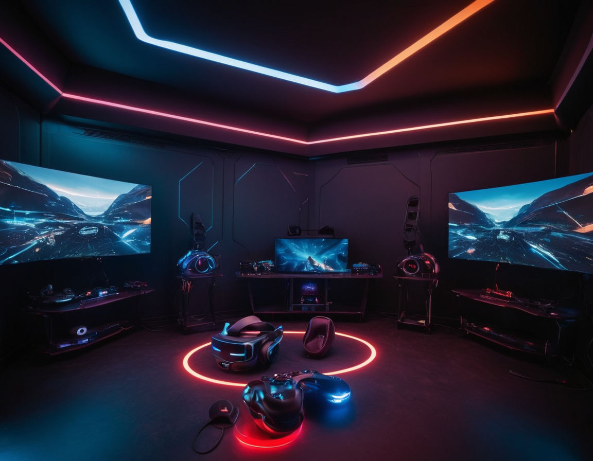 A high-tech virtual reality gaming setup featuring a VR headset, motion controllers, and sensor devices for immersive gameplay experience. Brightly lit room with futuristic design elements to enhance the futuristic feel of VR gaming.
