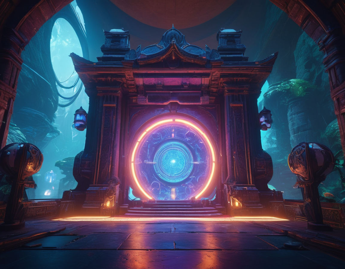 A futuristic video game environment with interactive elements like glowing pathways, mysterious portals, and floating platforms. The scene includes vibrant colors and architectural designs that suggest a story-driven and immersive gaming experience.
