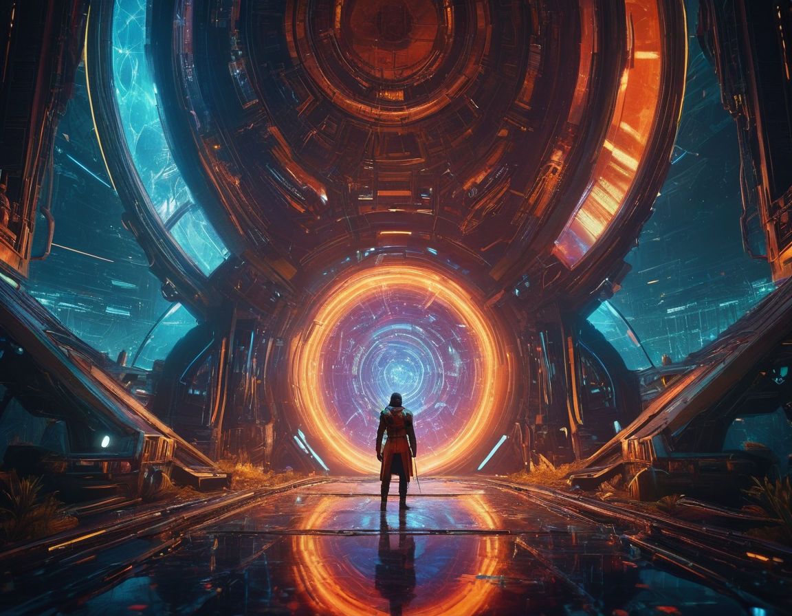 Abstract digital art depicting the concept of storytelling in video games: futuristic, vibrant colors, digital effects, dynamic shapes, and elements that symbolize narrative complexity and character development.
