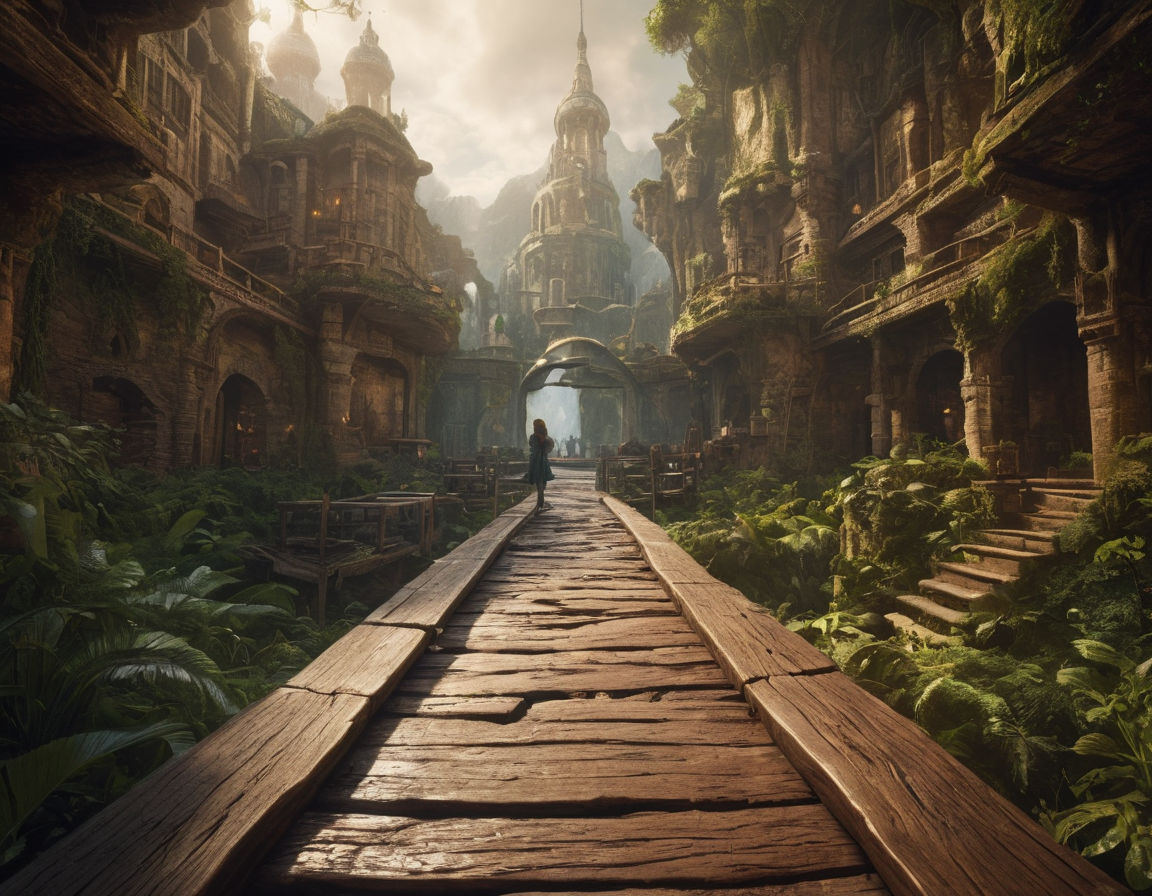 Dynamic and engaging image of a virtual world with intricate plot design elements like interconnected paths, puzzles, and hidden clues. The image should convey narrative complexity through symbols, mysteries, and layered storytelling elements, inviting viewers to explore and unravel the depth of the storytelling world.
