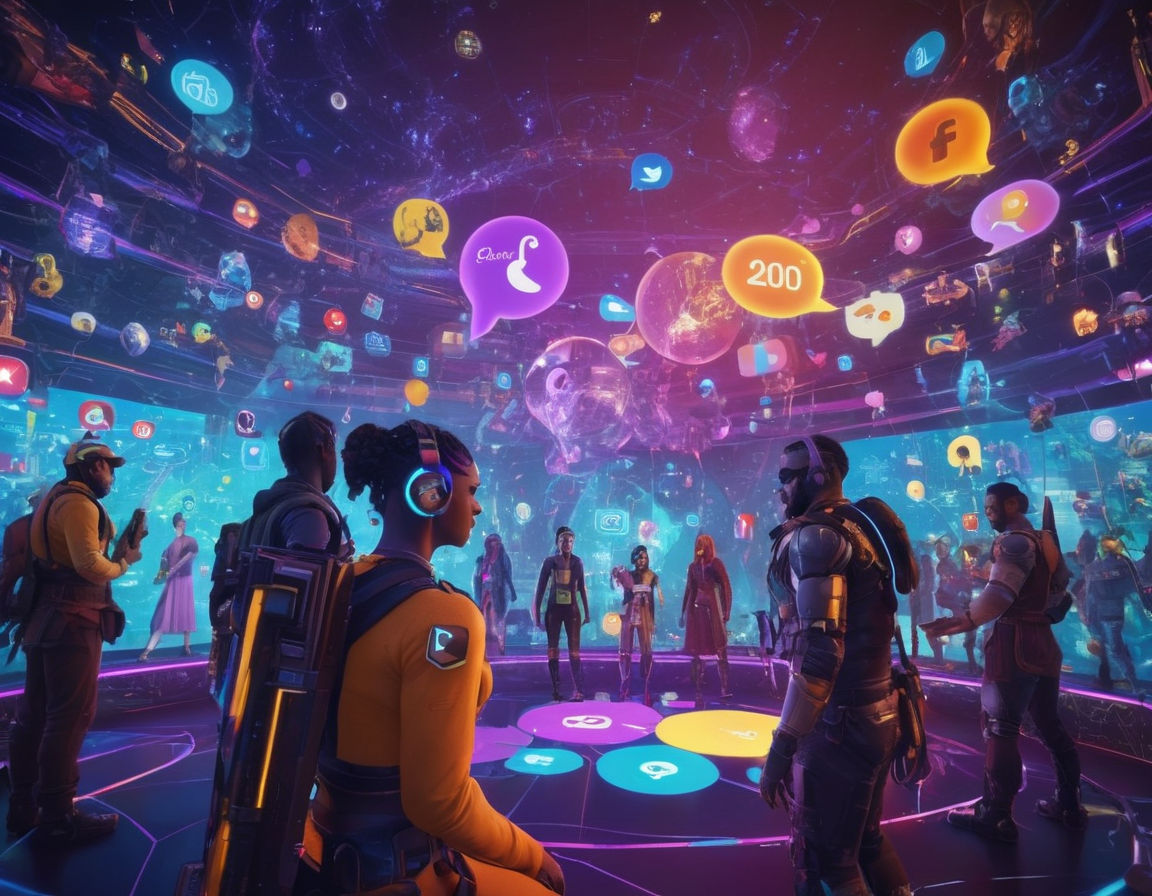 A vibrant virtual gaming world with colorful avatars interacting in a digital community, featuring social media icons and forum conversation bubbles. 
