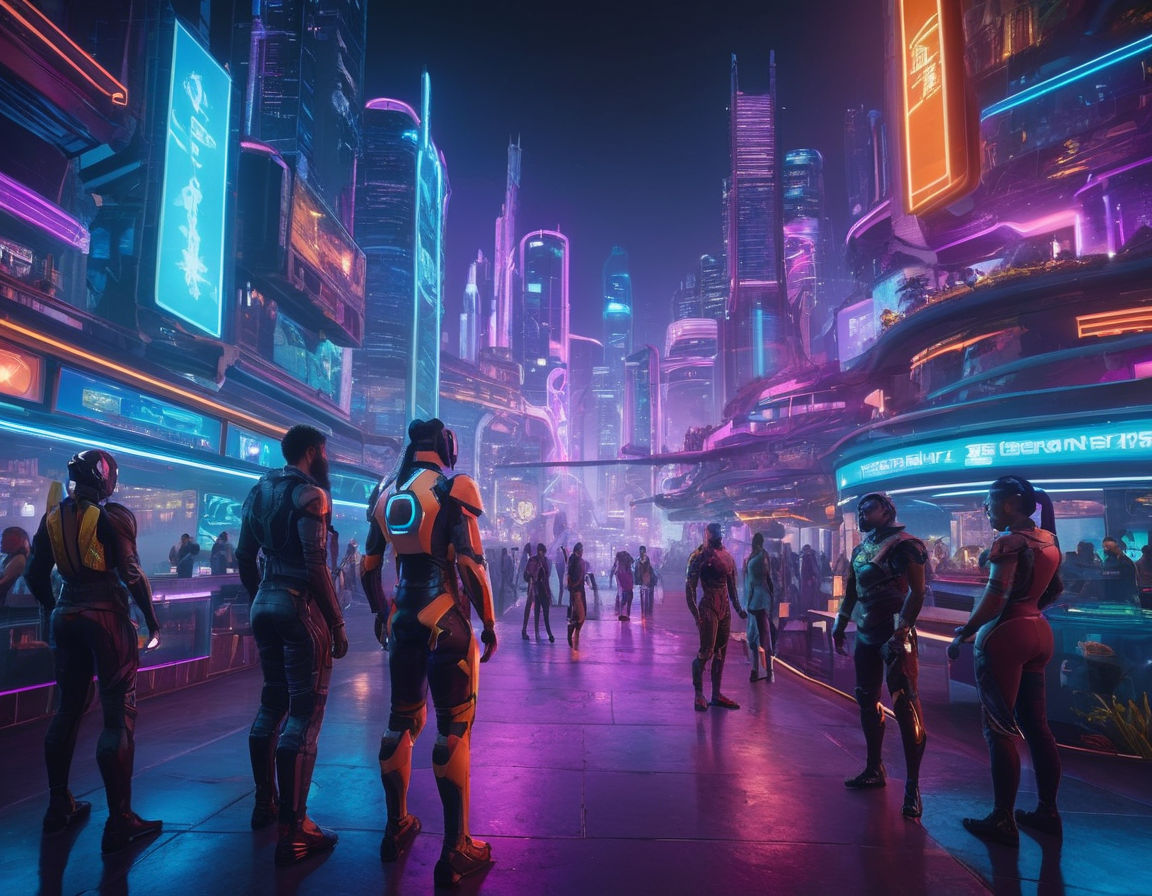 Virtual gaming world with diverse avatars interacting in a vibrant cityscape, futuristic buildings, and neon lights creating a dynamic gaming community ambiance
