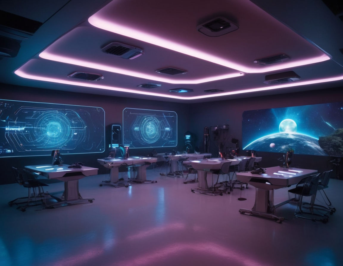 Futuristic classroom interior with interactive digital screens, VR headsets, holographic displays, and hi-tech gadgets for immersive learning experience futuristic technology education concept.
