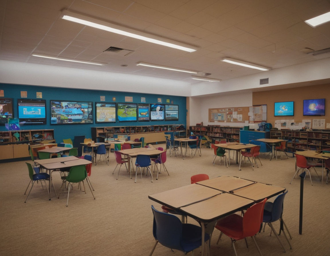 A digital classroom setting with interactive educational technology devices, featuring a variety of learning games on screens, engaging and colorful visuals stimulating student engagement, incorporating elements of game-based learning and gamification principles.
