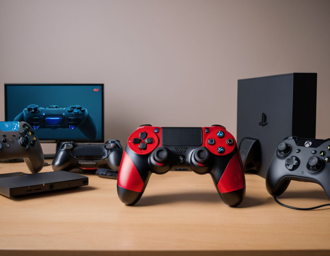 A diverse representation of video game controllers, consoles, and gaming accessories on a modern desk setup with a neutral background, highlighting the variety and inclusivity of gaming.
