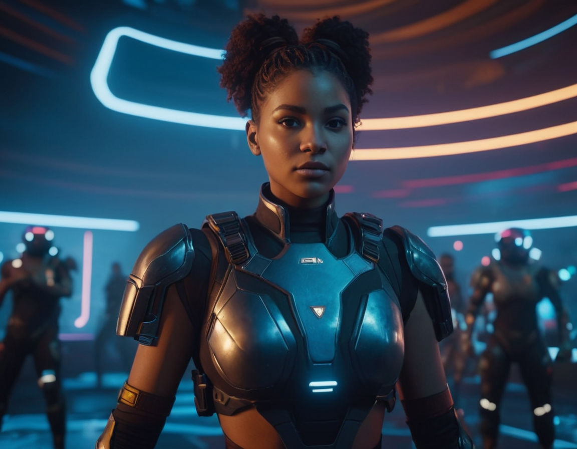 A futuristic video game world with diverse characters, bright neon lights, and advanced technology, showcasing the importance of representation and diverse storylines in gaming. The image should reflect a blend of creativity and inclusivity to embody the ethical considerations in game development.
