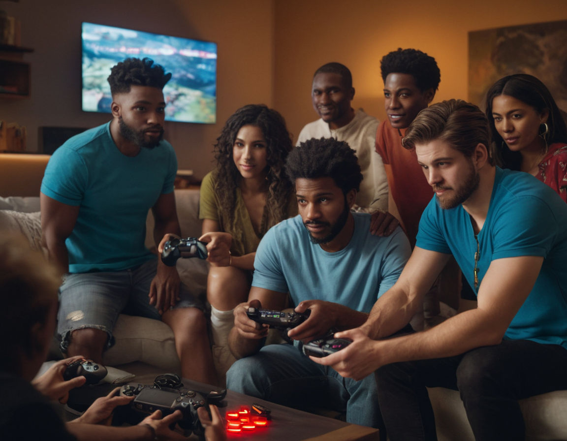 An image of a diverse group of people playing various video games together in a multicultural setting, showcasing gaming consoles, PCs, and mobile devices to represent the global appeal and cultural exchange in gaming communities. The scene should convey a sense of unity and diversity, reflecting the cross-cultural impact of gaming worldwide.
