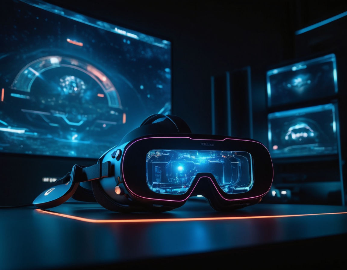 Futuristic gaming console with holographic display, virtual reality headset, advanced controllers, immersive gaming environment, high-tech gadgets, cutting-edge technology landscape.
