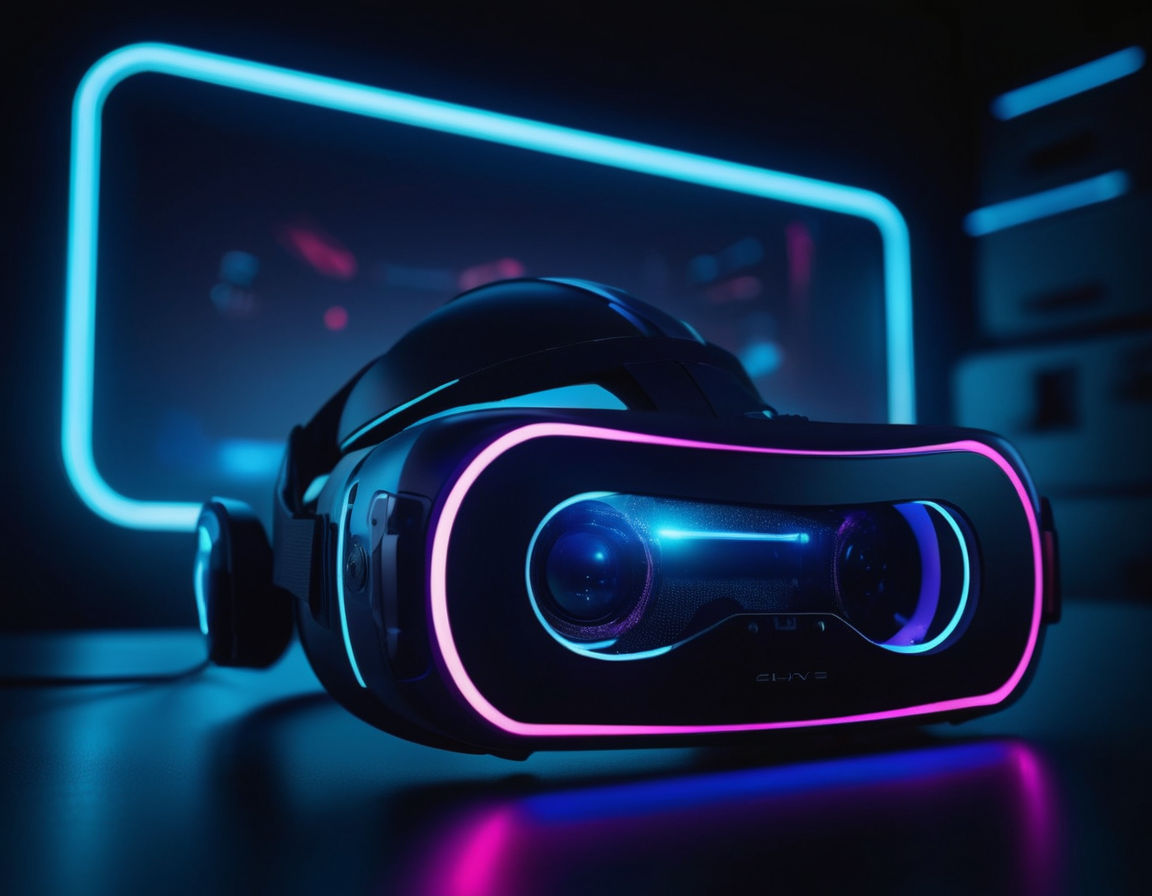 Futuristic gaming console with advanced features and sleek design, neon lighting effects, immersive virtual reality headset, high-tech controller, dynamic gaming environment futuristic technology concept.
