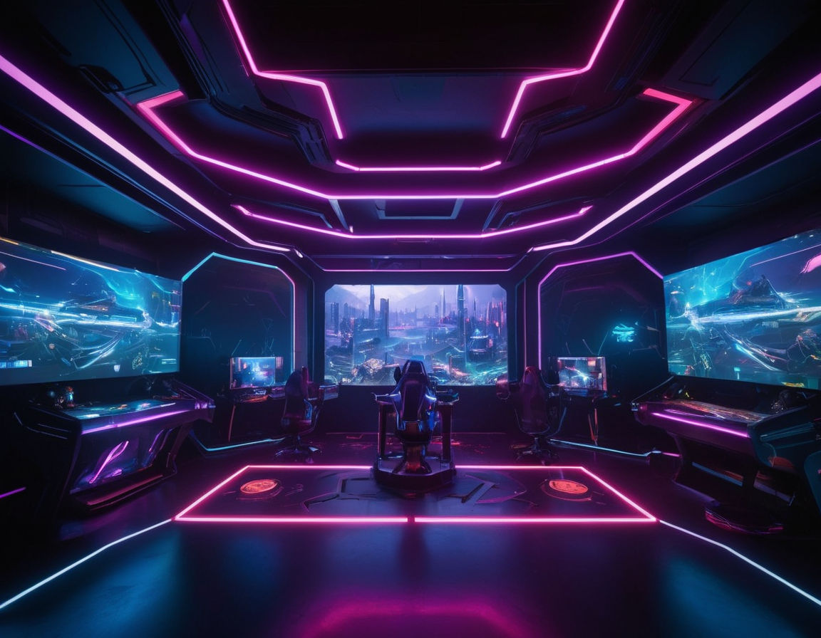 A futuristic virtual reality gaming environment with glowing neon colors, sleek interfaces, and intricate game mechanics designed for strategic gameplay in a MOBA (Multiplayer Online Battle Arena) setting.
