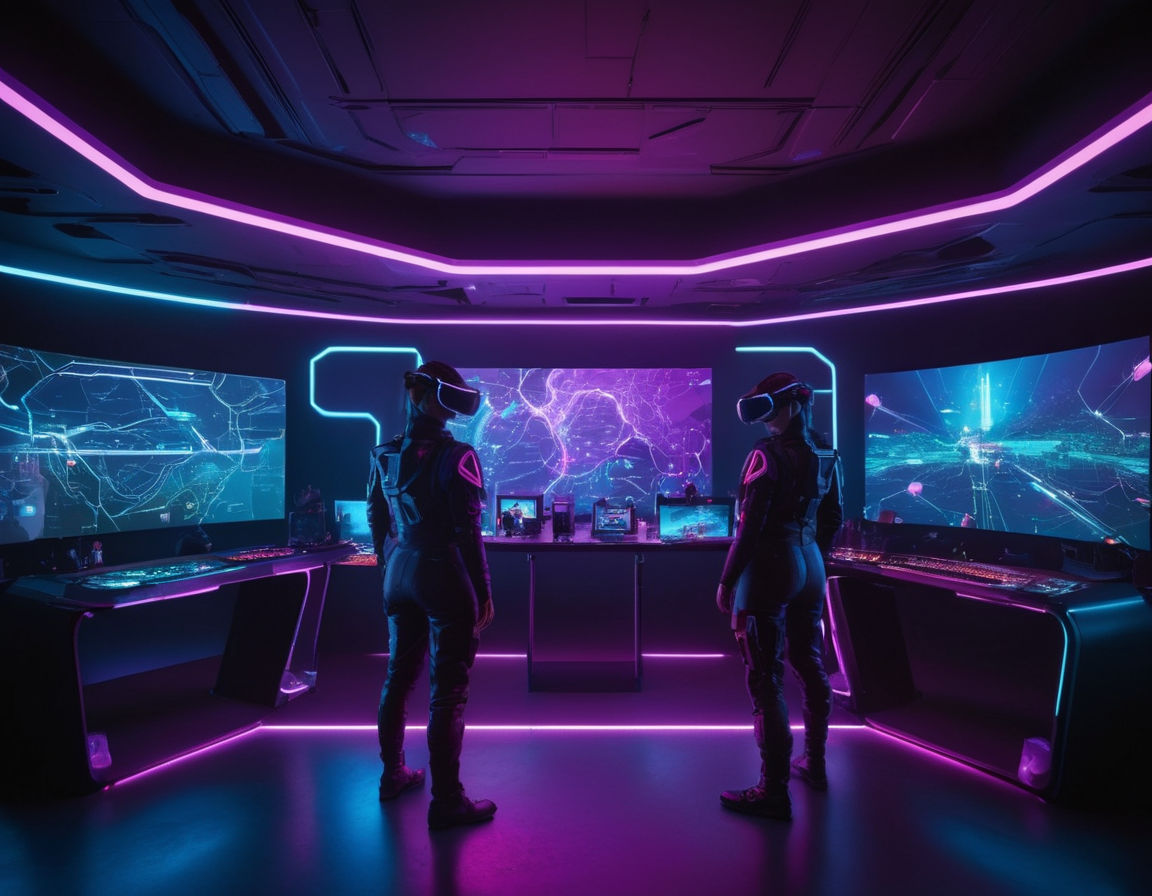 An image of a futuristic, virtual reality gaming environment with neon lights, various character avatars representing different roles, strategic maps displayed on screens, and teamwork communication visuals.
