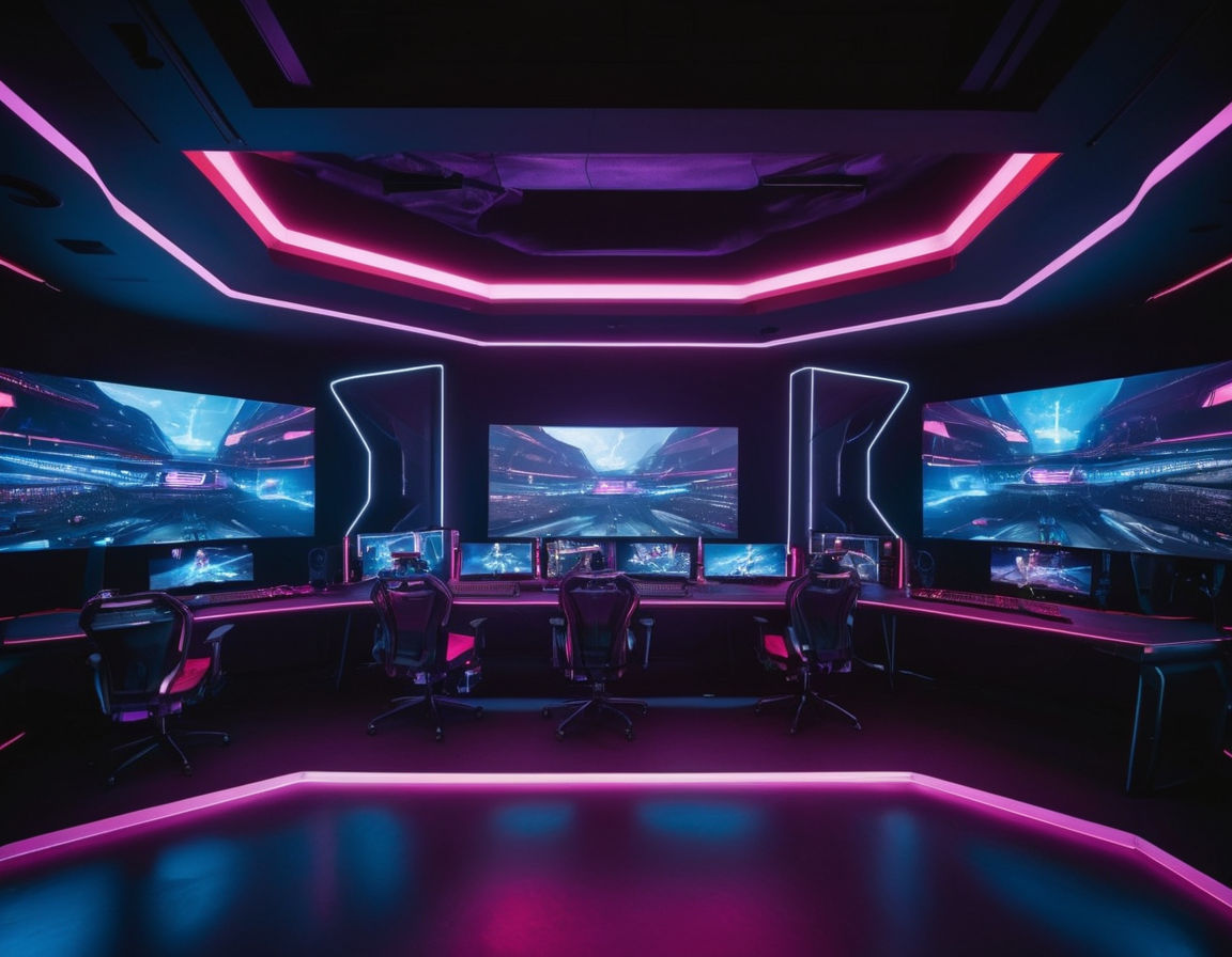 Dynamic Esports arena with high-tech equipment, glowing neon lights, competitive gaming setup, futuristic design, professional gaming environment.
