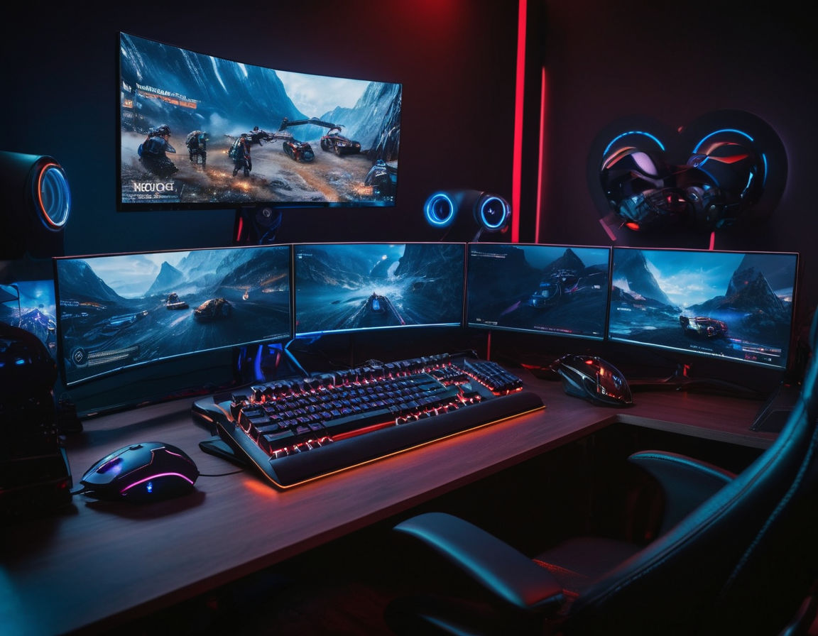 Professional gaming setup with high-tech gaming accessories such as mechanical keyboards, gaming mouse, headset, and computer monitor displaying competitive Esports game in action, futuristic gaming room ambiance.
