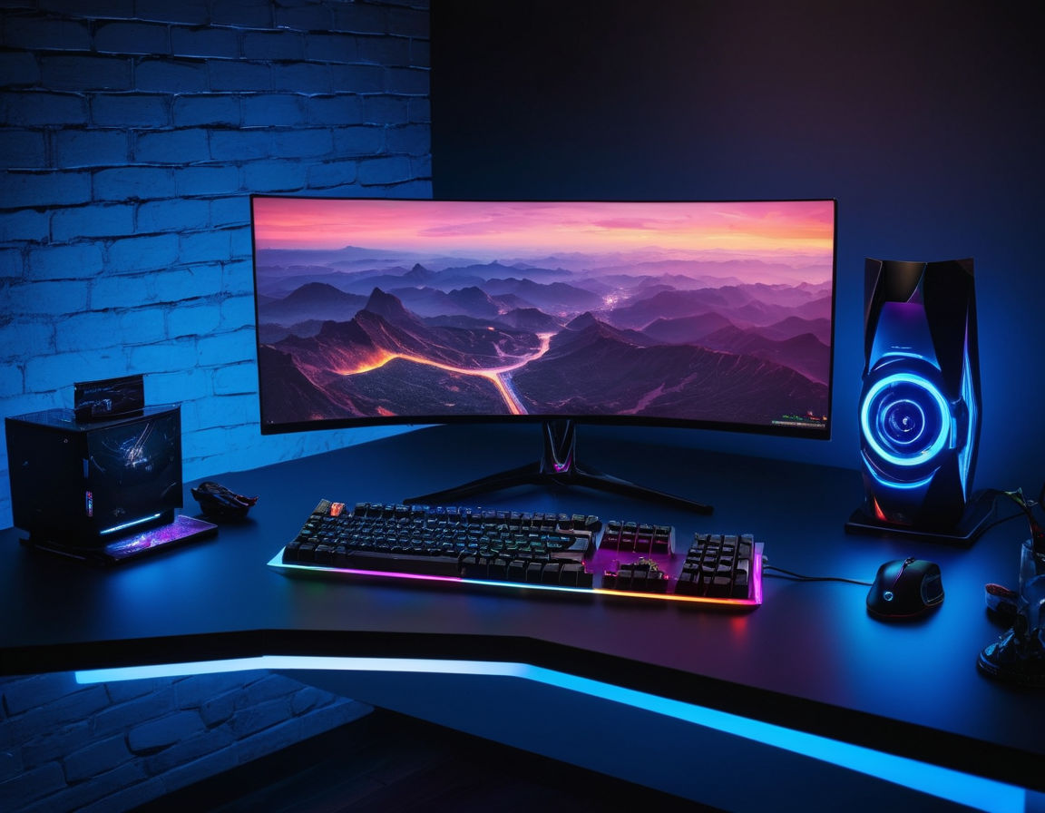 Vibrant and futuristic gaming PC setup with RGB lighting, ultra-wide curved monitor, high-end graphics card, mechanical keyboard, and gaming mouse on a sleek desk setup in a modern gaming room.
