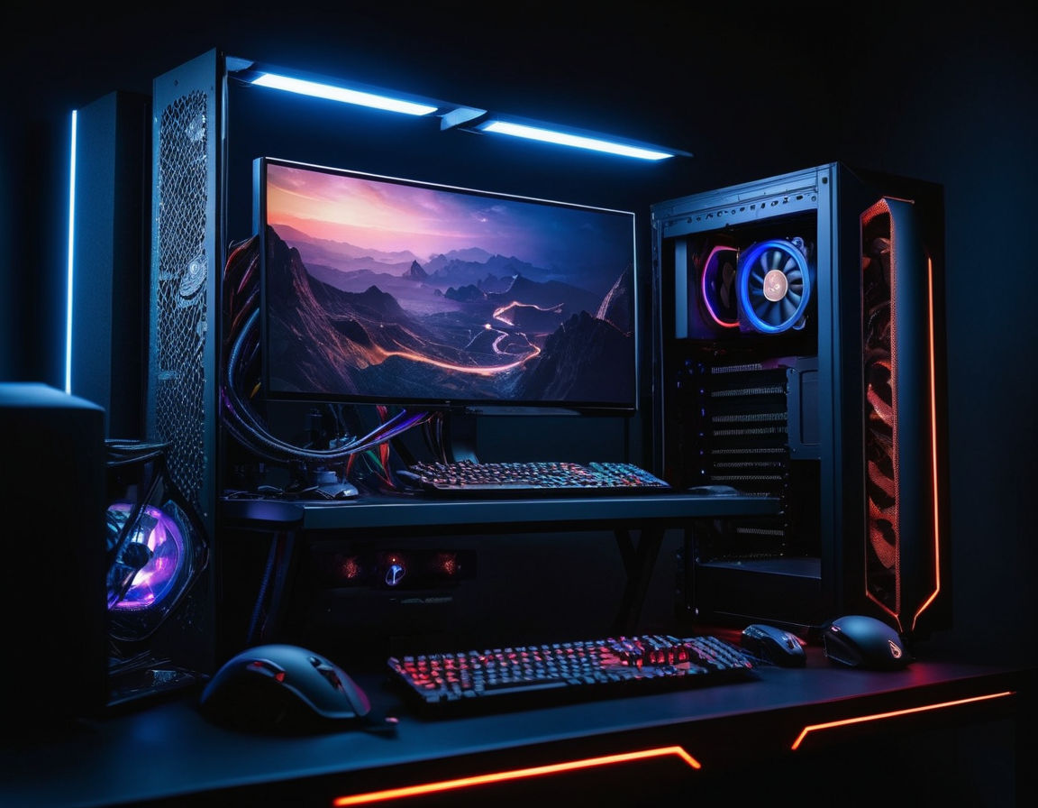 Detailed image prompt:
A futuristic, high-tech gaming PC setup showcasing the primary components - a powerful CPU, GPU, RAM, motherboard, and a sleek power supply unit. The components are organized neatly on a well-lit desk with a comfortable gaming chair in the background, creating an ideal gaming environment for enthusiasts. The focus is on the precision and quality of each component, emphasizing the importance of selecting the best PC parts for optimal performance and budget.
