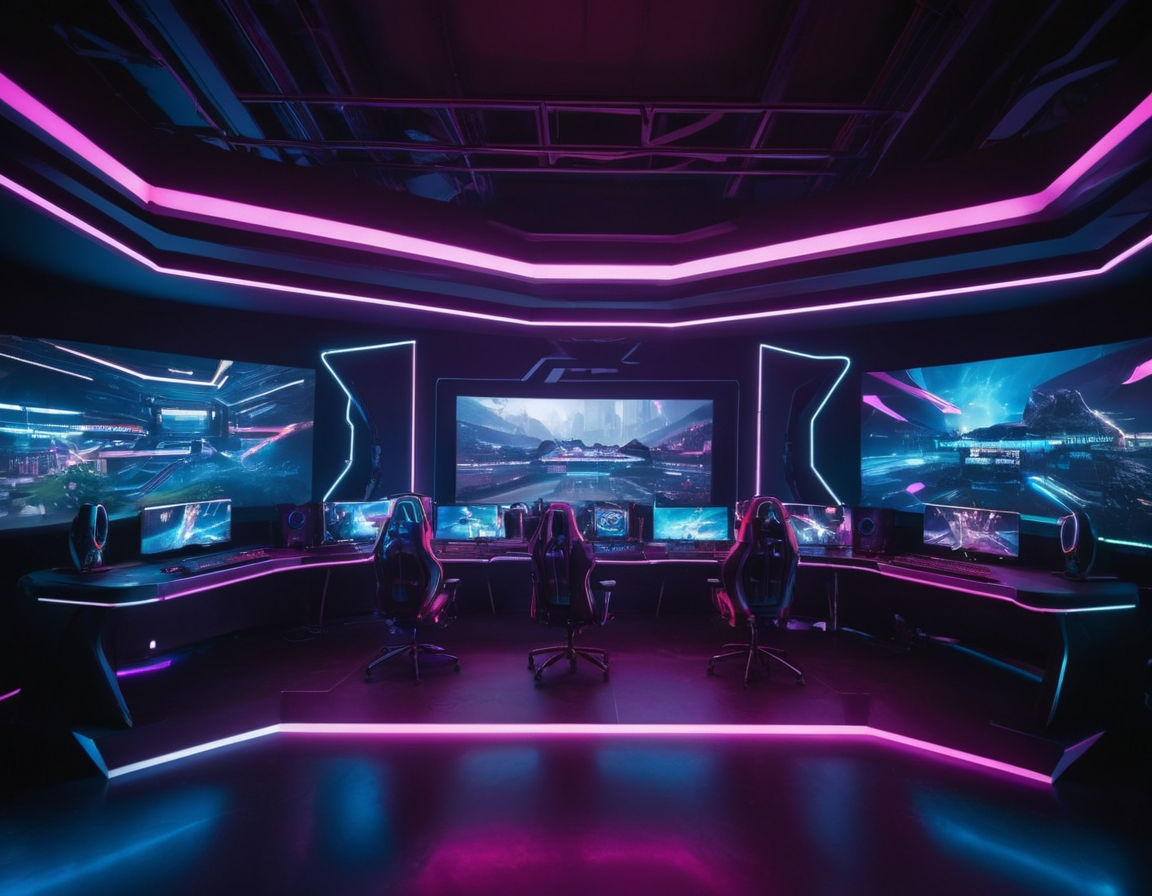 A dynamic and futuristic esports arena with high-tech gaming equipment, neon lights, and intense gameplay setting.
