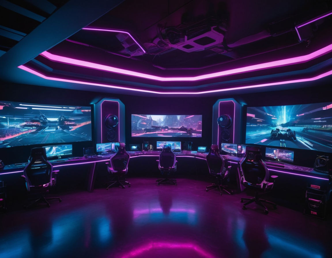 A futuristic esports arena with high-tech gaming equipment and neon lights, showcasing competitive gaming setup, professional gaming environment realistic.
