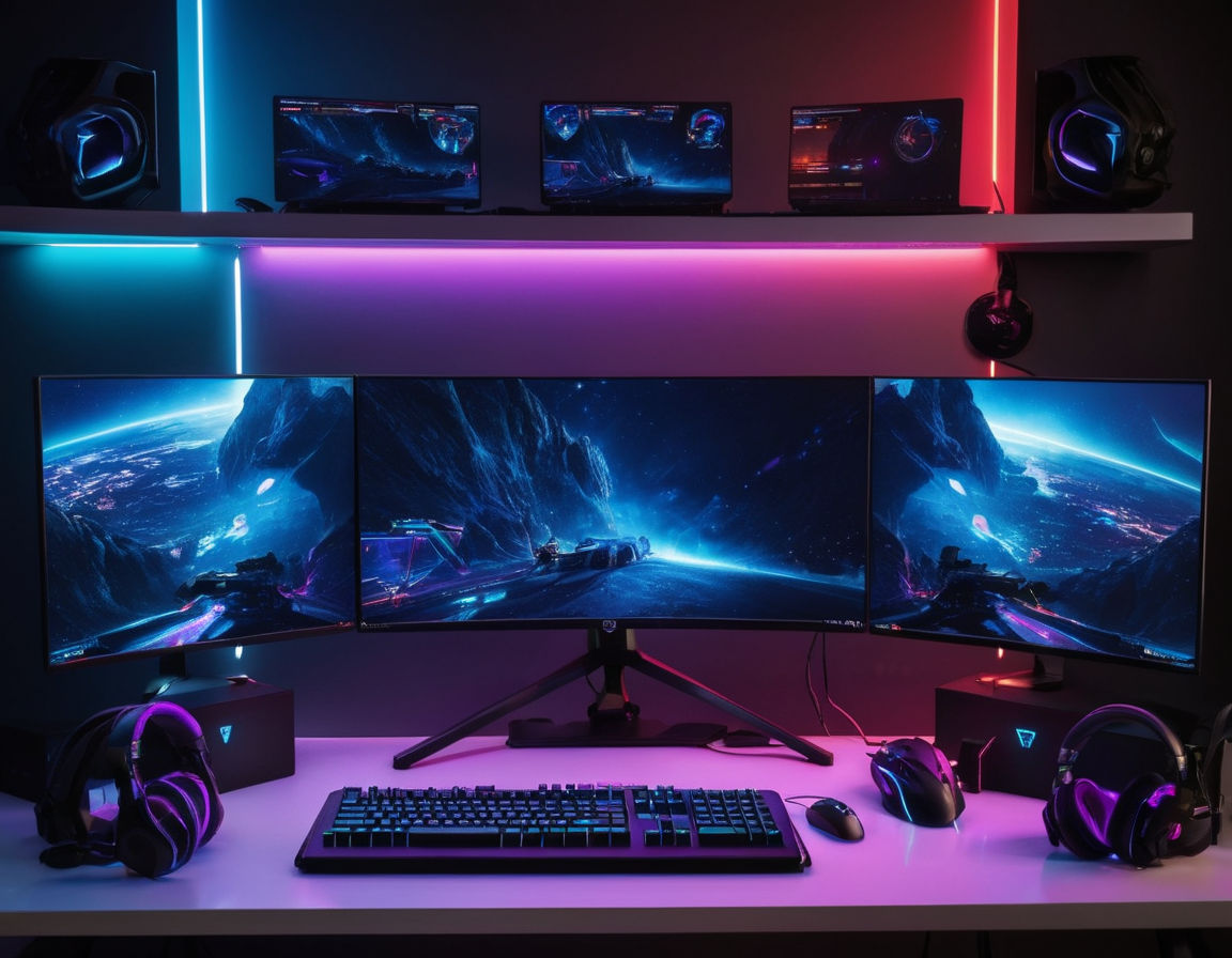 A dynamic esports gaming setup: High-performance PC with multiple screens showcasing in-game tactics and strategies, gaming headset, keyboard, and mouse. Bright neon lights add a futuristic touch to the gaming environment.
