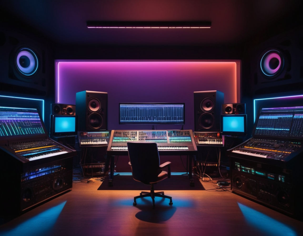 Futuristic digital music studio with high-tech equipment, synthesizers, mixing boards, headphones, and colorful soundwaves on screens.
