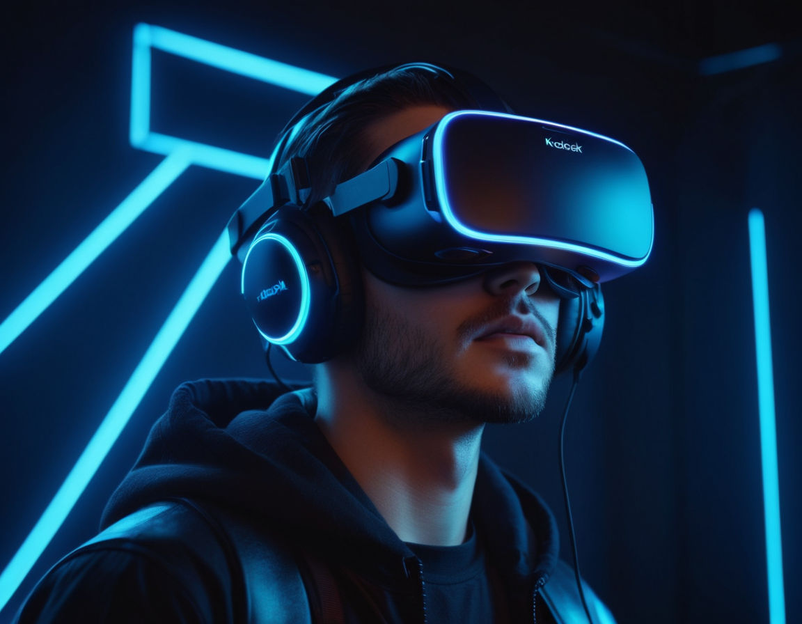 Futuristic virtual reality gaming headset with glowing neon lights, immersive virtual environment, digital interface, and high-tech controllers
