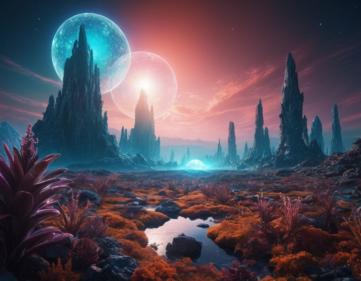 Abstract alien landscape with towering crystal formations, glowing plants, and a distant alien spaceship, immersive and otherworldly.

