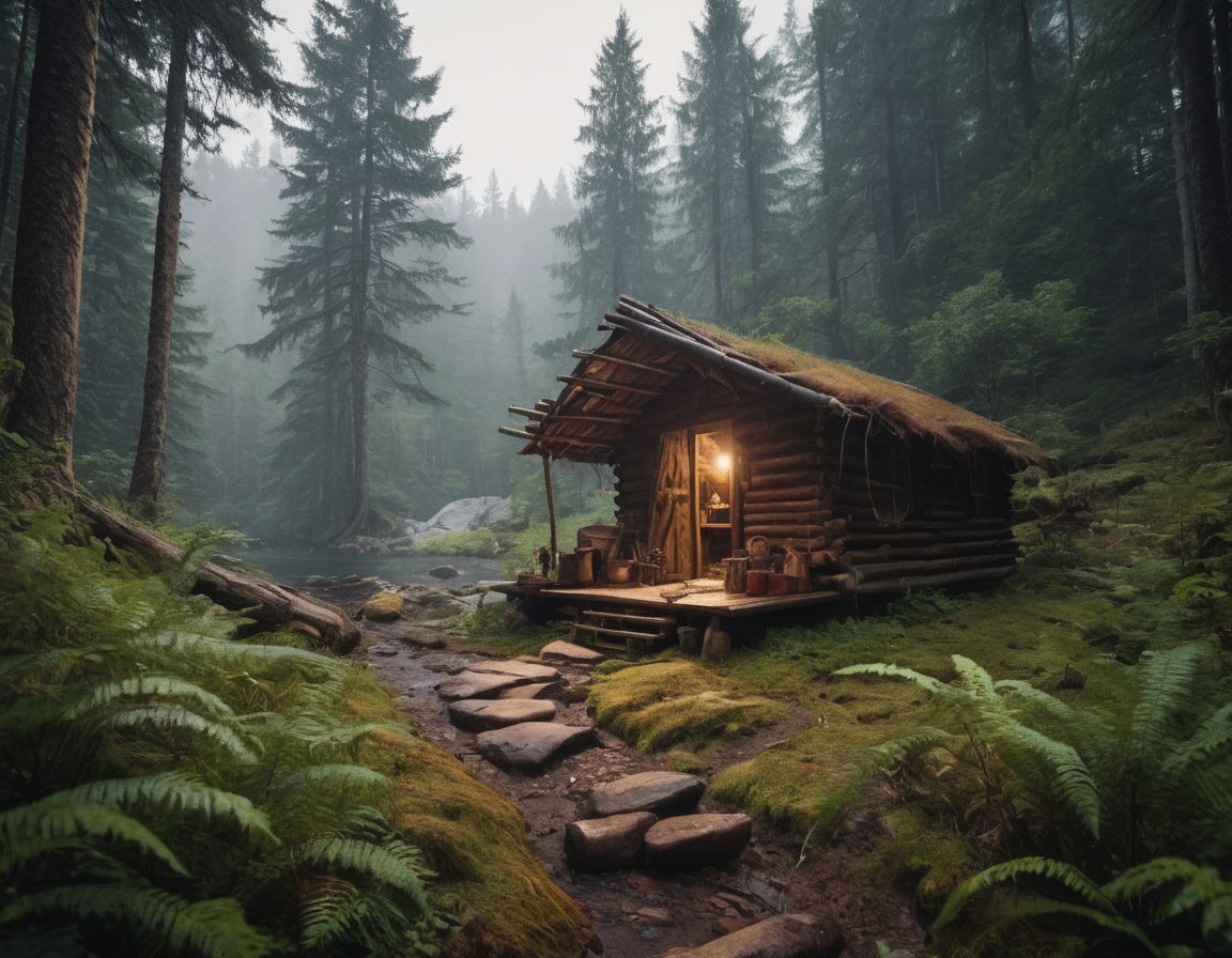 A dramatic and immersive in-game survival scene: rugged terrain, dense forest with wildlife, a rustic survival shelter, varied resources like water, food, and tools, challenging weather conditions.
