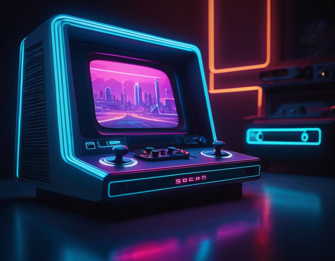 A futuristic retro gaming console with a holographic display, glowing neon lights, and a vintage aesthetic, blending classic design with modern technology.
