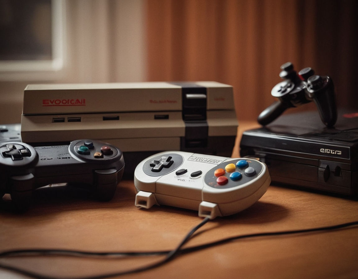 A retro gaming scene with vintage game controllers, old-school consoles, and classic game cartridges set against a nostalgic backdrop. The image should capture the essence of retro gaming and the unique appeal of classic games, evoking feelings of nostalgia and the evolution of gaming consoles over time.
