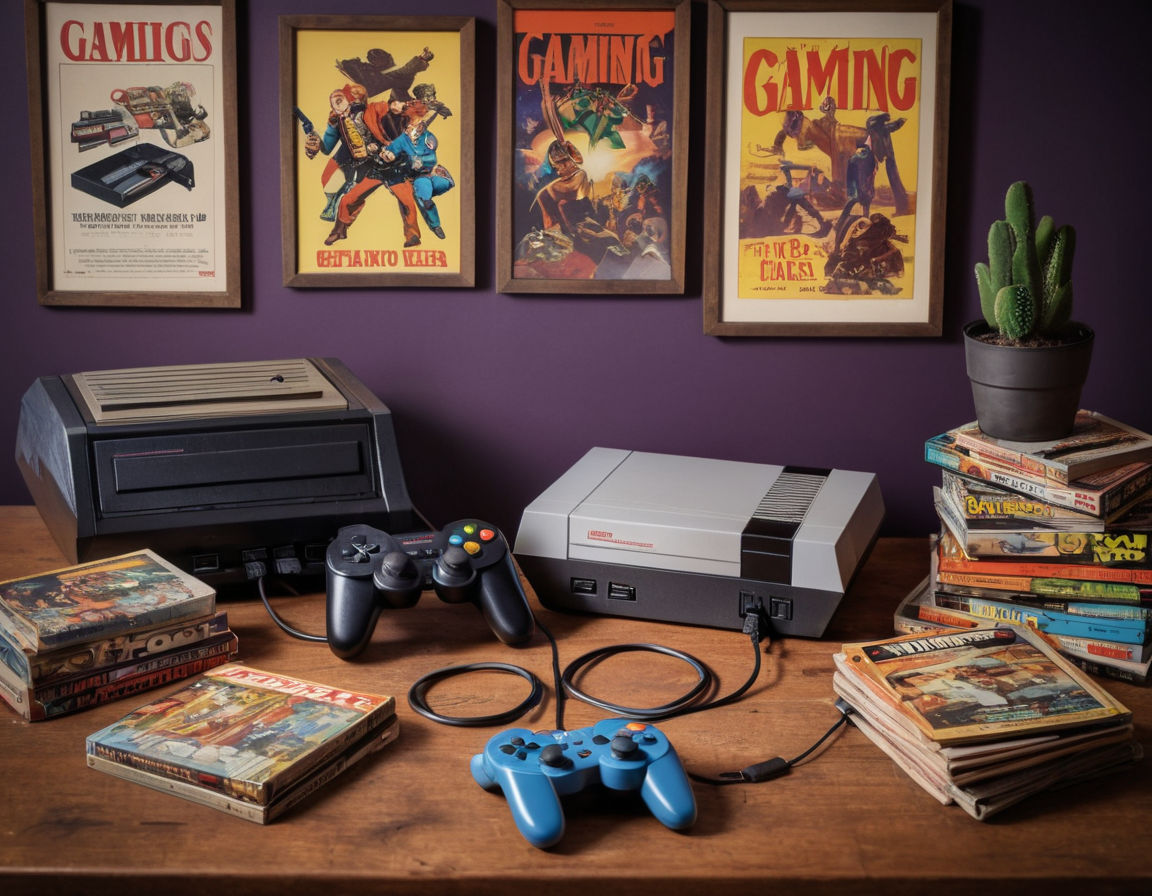 A retro gaming console with classic game cartridges and wired controllers on a wooden table, surrounded by vintage posters of iconic game characters and a stack of gaming magazines from the past.
