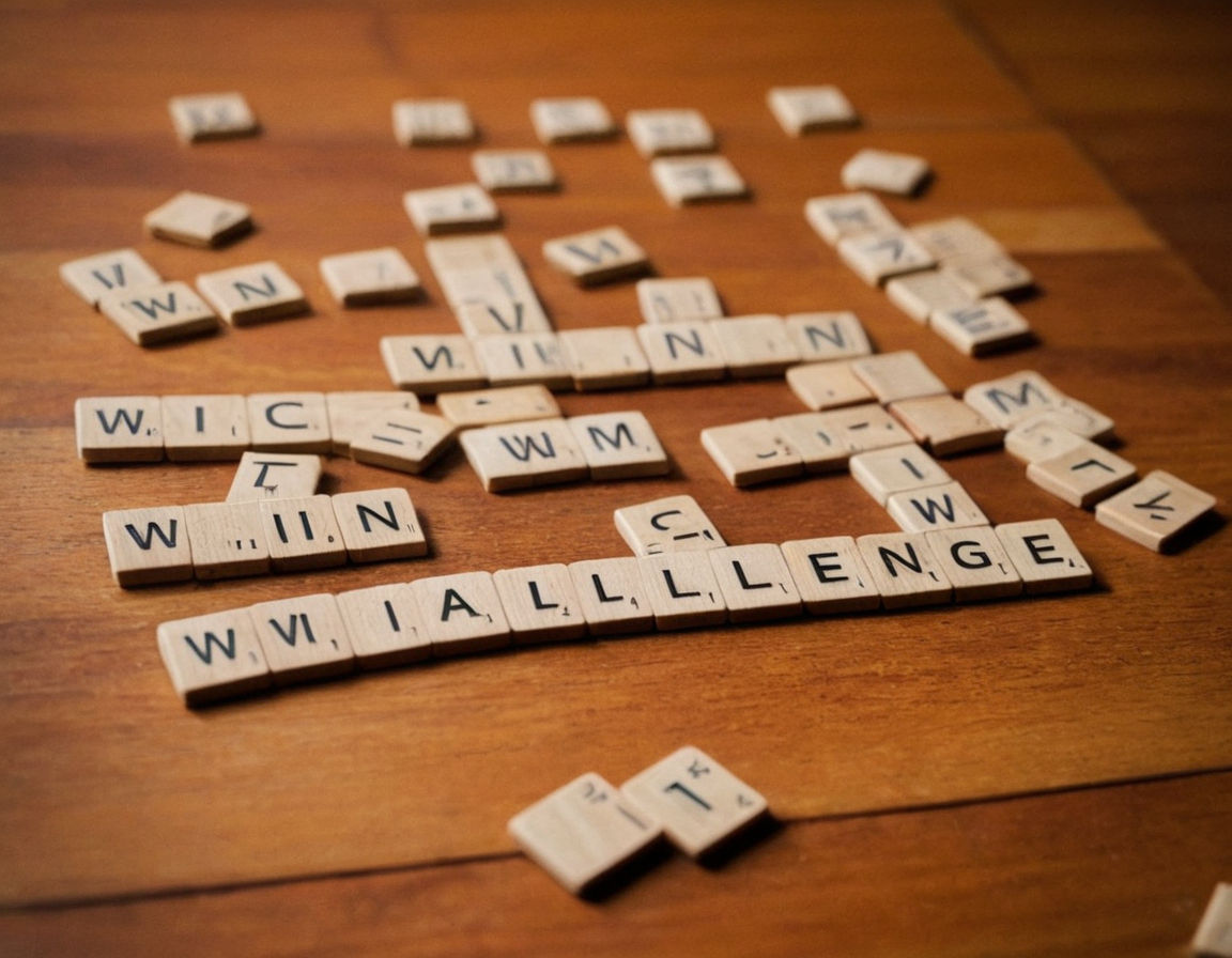 Colorful, vibrant Scrabble tiles arranged on a wooden board, forming words like "win," "strategy," and "challenge." The background includes a cozy setup with a cup of coffee and a notebook, creating a warm, inviting atmosphere for practice and skill-building.
