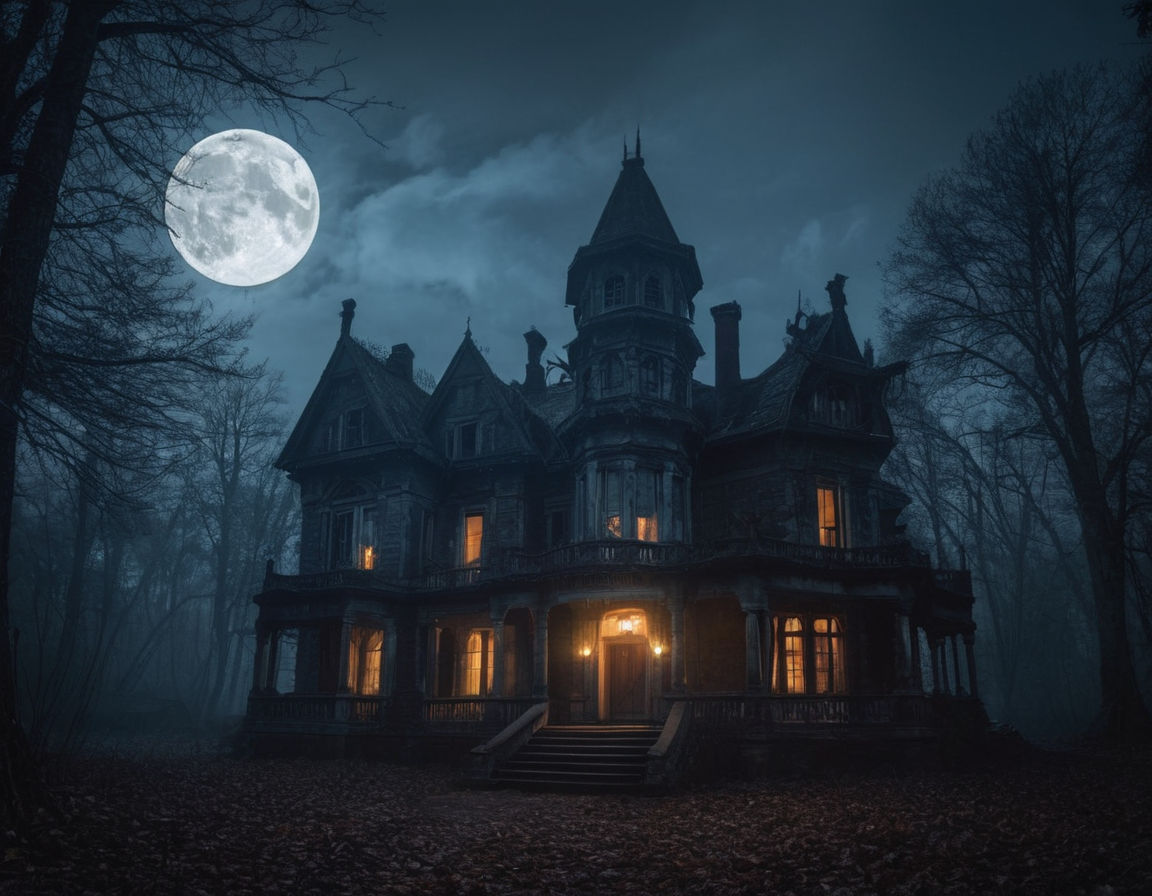 Dark atmospheric haunted house in forest misty eerie abandoned old mansion spooky full moon, haunted horror game scene realistic
